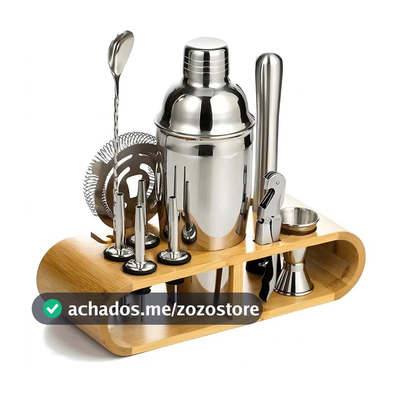 Kit Barman Luxo 12 Peças – Aço Inox Premium com Base em Madeira LUWAVE