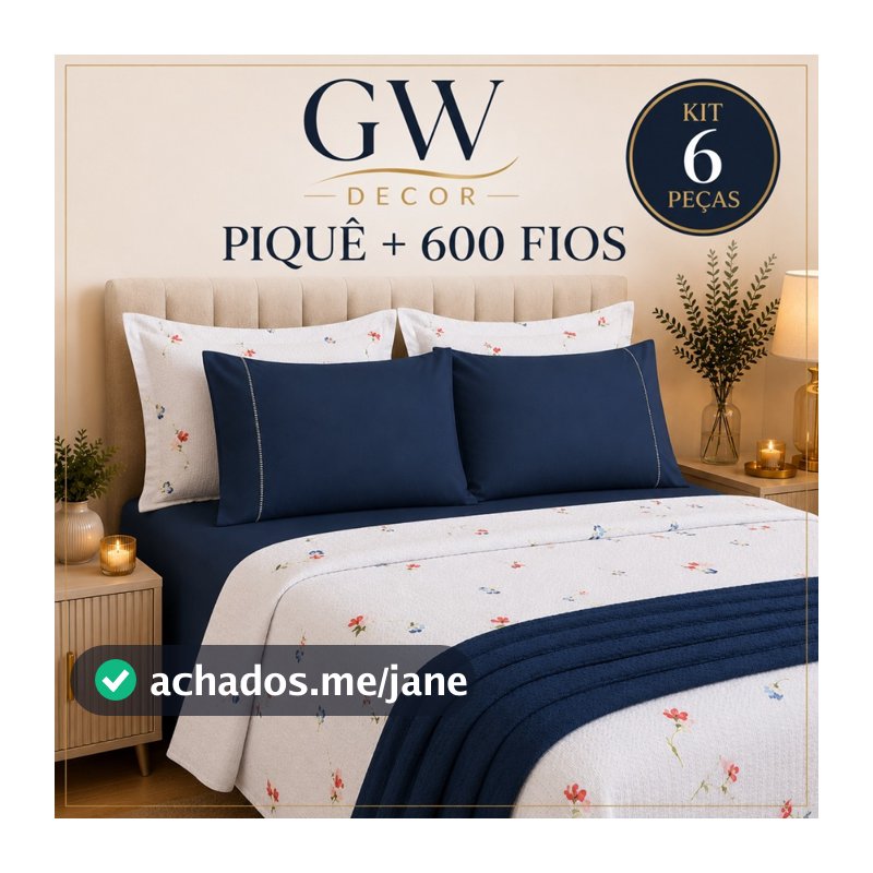 Kit 6 Peças Piquê + 600 Fios Jogo de Cama Macio e Sofisticado Casal Queen e King