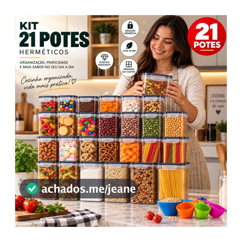 KIT 21 POTES HERMÉTICOS COZINHA MANTIMENTO PREMMIUM RESISTENTES EMPILHAVÉIS ORGANIZADOR QUADRADOS