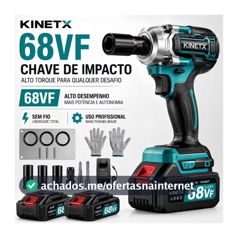 KINETX Chave De Impacto 68VF Sem Escova 880Nm Dupla Finalidade Inclui 2 Baterias com 3 Soquetes e Luvas Gratuitas