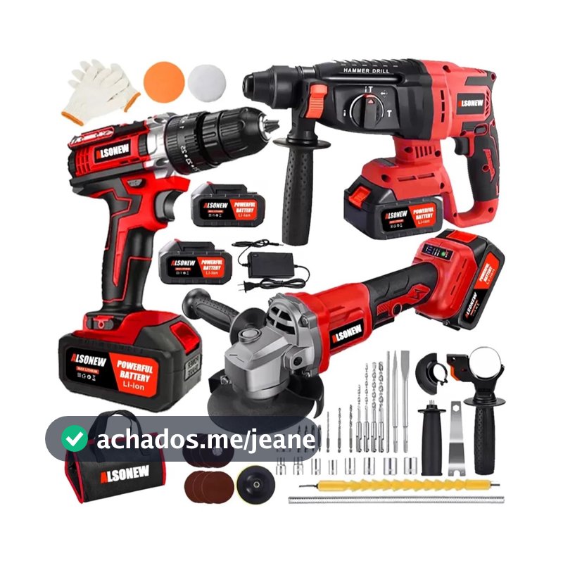 ALSONEW Kit Ferramentas Sem Fio, 4 Modelos: Chave Impacto, Furadeira, Catraca, Martelete Esmerilhadeira