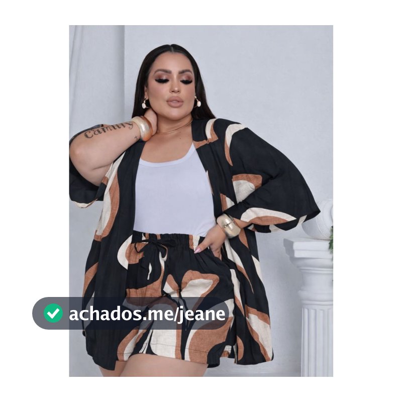 Conjunto Feminino Plus Size Camisa (Kimono) E Short Moda Blogueira