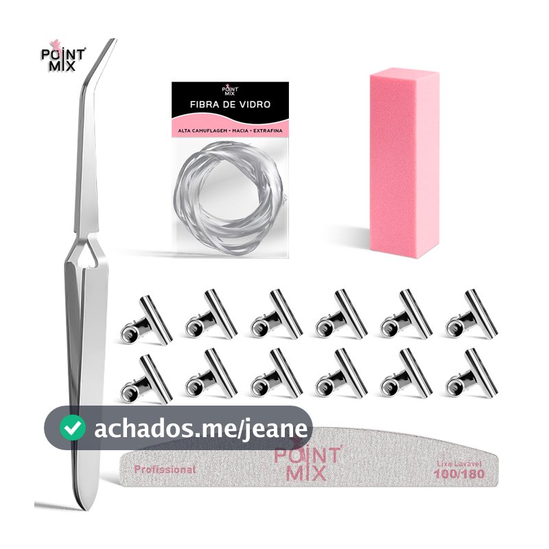 Kit 12 Presilhas + 1 Pinça Aço Inox para Curvatura C + 25 Fibra a Metro Lixa Bloco + Lixa 100/180 Unhas Gel Acrigel