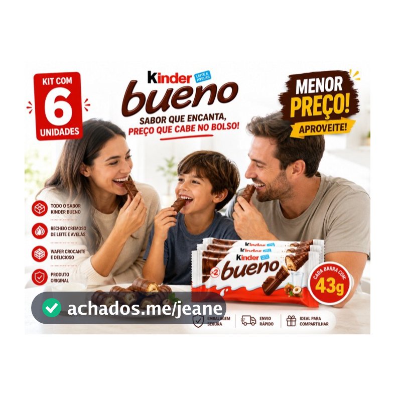 Kit 6 Kinder Bueno 43g Original Chocolate Leite e Avelã | Wafer Crocante | Menor Preço