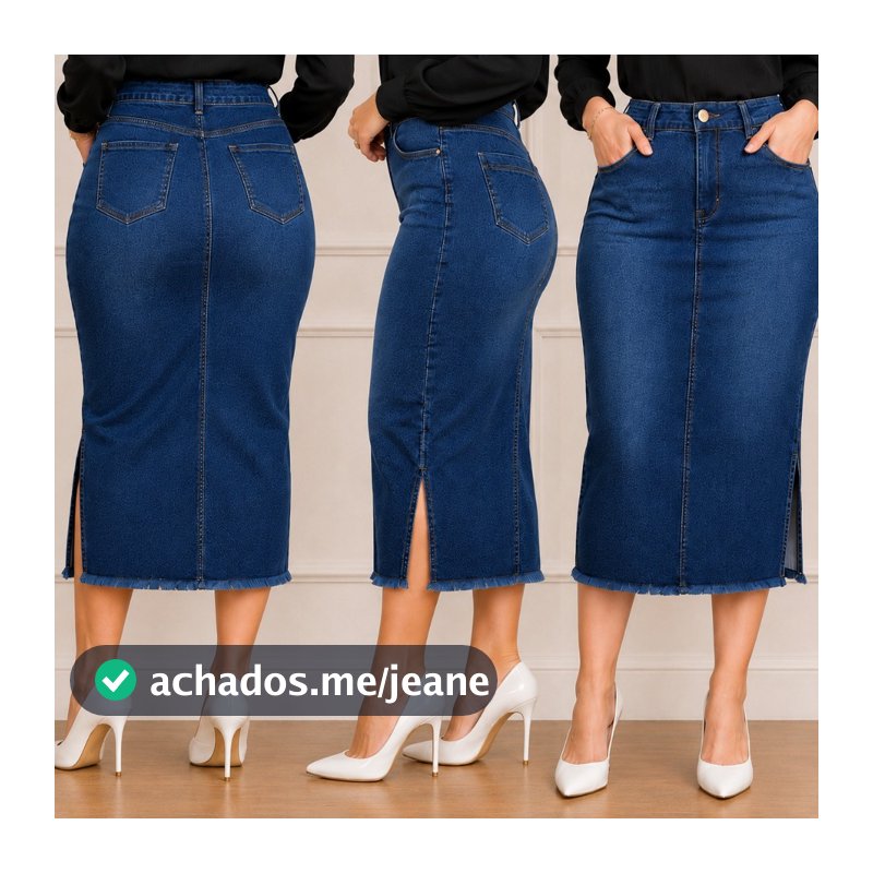 Saia Jeans Lisa Cristã Evangélica  Secretaria Cós Alto Feminina Azul Escuro Estilo 38 ao 48