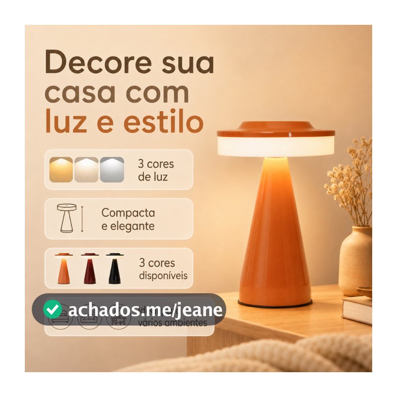 Luminária Abajur de Mesa Cogumelo Portátil ABS LED Sem Fio Quarto Restaurante Recarregável USB Touch