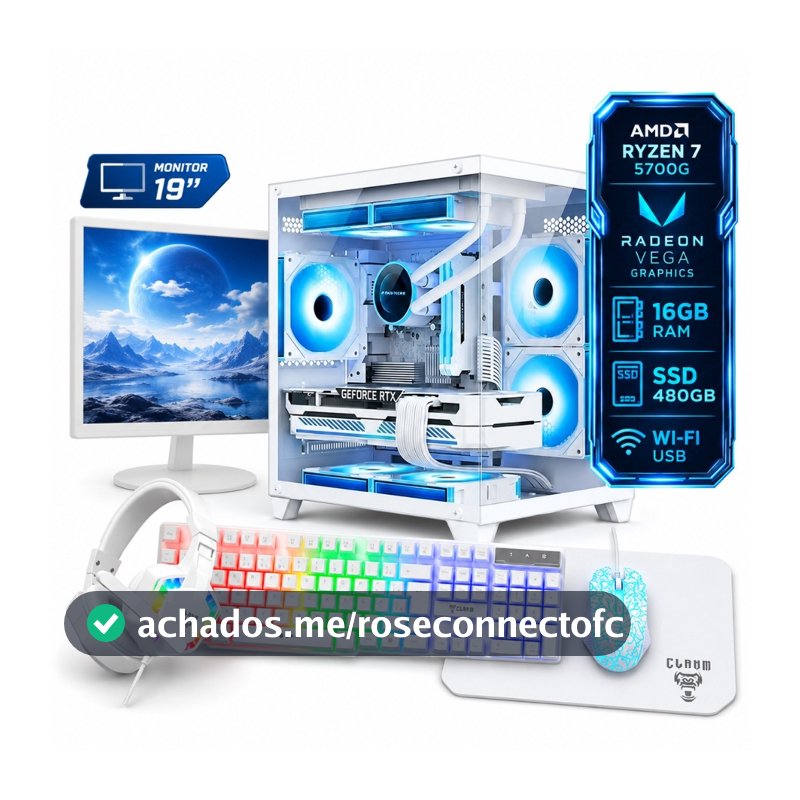 PC Gamer Completo Ryzen 7 5700G 16GB SSD 480GB Monitor 19" Branco Kit Gamer RGB EG55