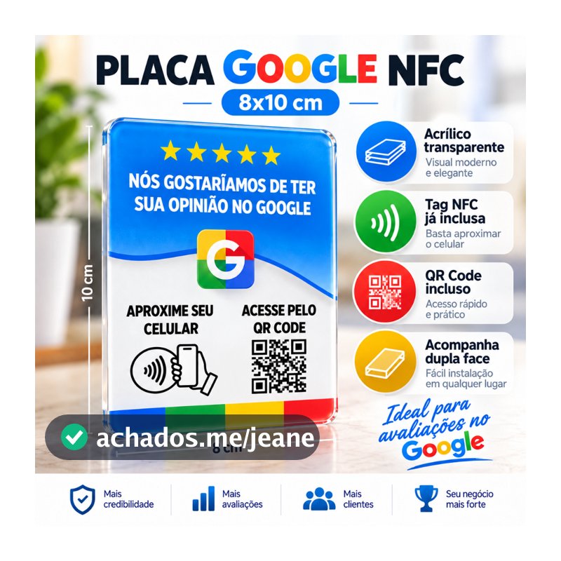 Placa Google Avaliação NFC 8x10cm em Acrílico Transparente com Tag NFC + QRCODE e Dupla Face
