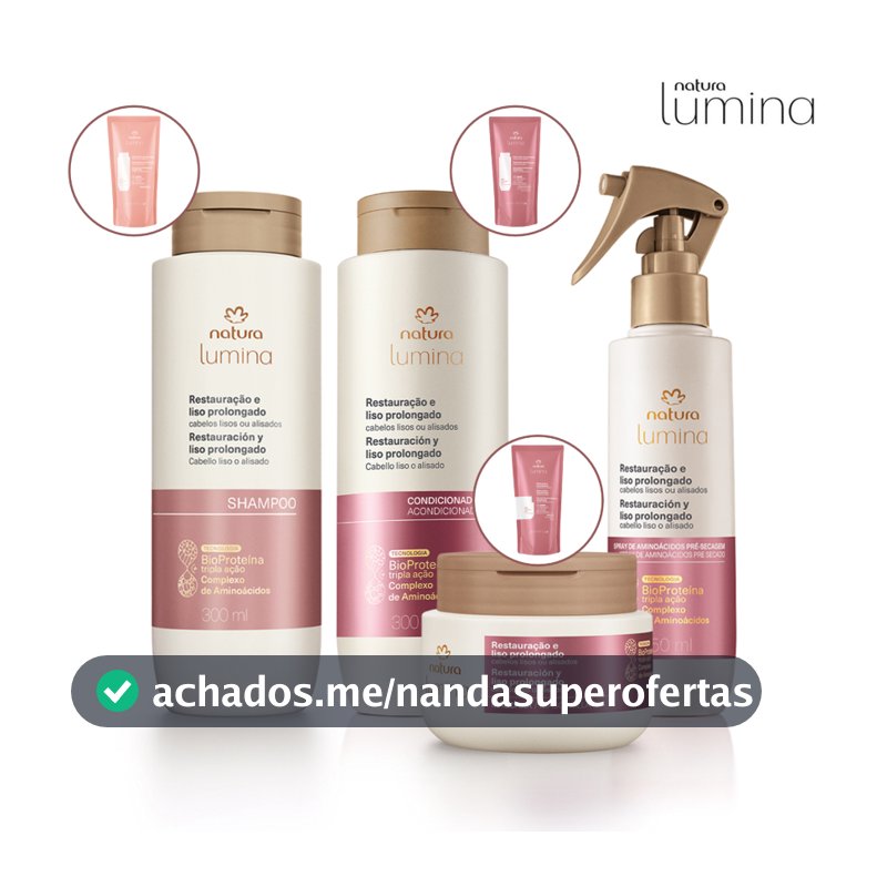 Lumina para Restauração e Liso Prolongado Natura: Shampoo, Condicionador, Máscara Restauradora e Spray de Aminoácidos