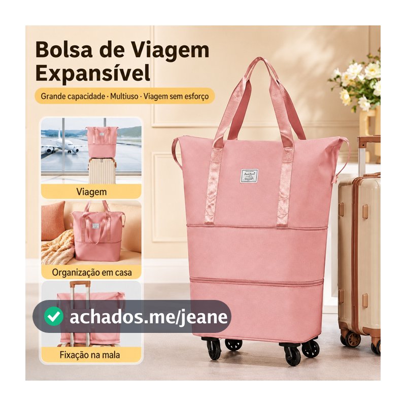 Bolsa Mala de Viagem Feminina com Rodinhas 360° Grande Capacidade Expansível Compartimento Seco Molhado Maternidade