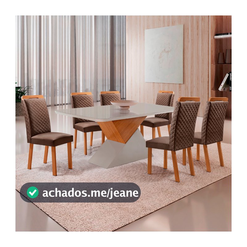 Mesa de Jantar Aster 180cm Tampo Mdf Vidro Canto Copo Com 6 Cadeiras Lorena