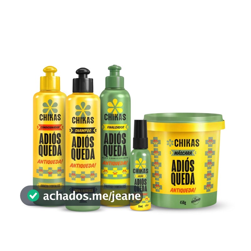 Kit Adios Queda Shampoo Condicionador 300mL Máscara 450 Finalizador 240mL Loção 55mL Chikas