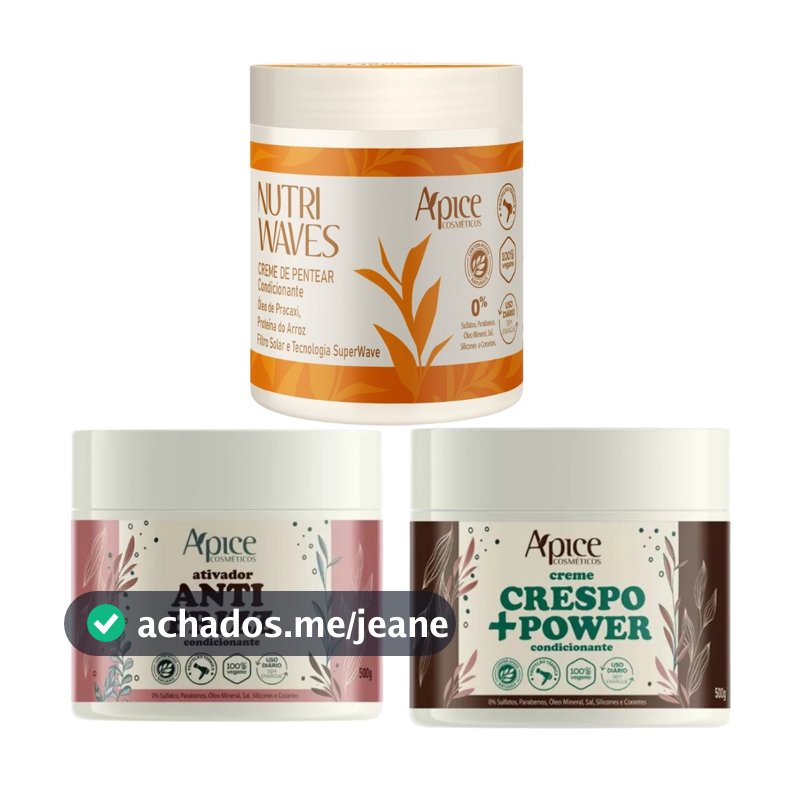 Kit Ativador Apice Antifrizz + Creme De Pentear Crespo + Power + Creme Nutri Waves Finalização Apse Vegano