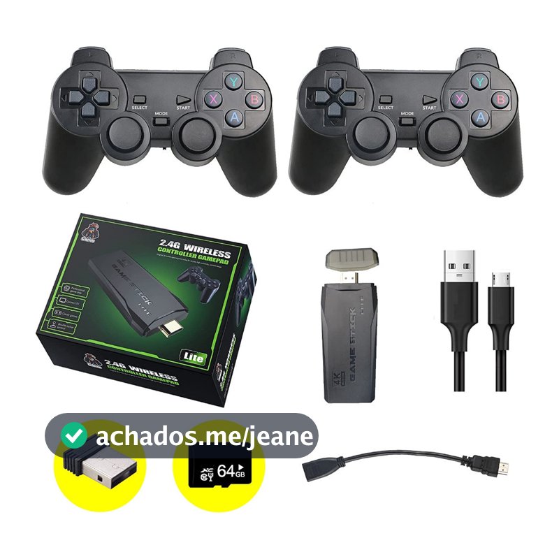 Videogame Stick 4K 64gb 2 Controles Sem Fio Console Portatil Jogos Retro Antigo