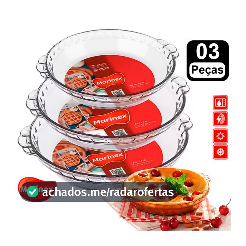 Jogo 3 Assadeiras Vidro Filetada Marinex 0,6L 1,3L 1,6L Conjunto Forma PMG Decorações Bolo Pudim