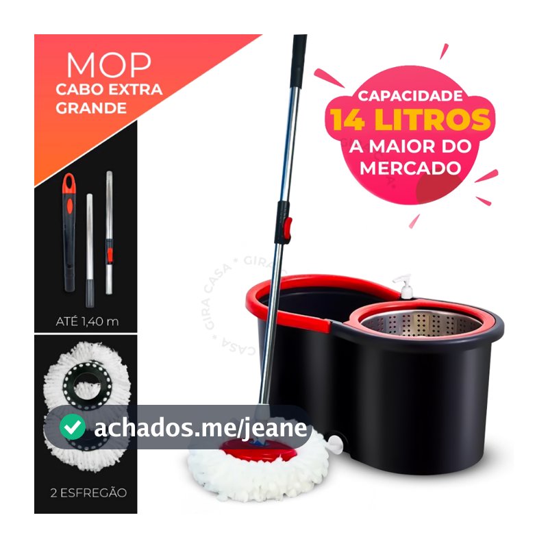 Mop Giratorio 14 litros Com cabo de 140 cm Cesto Em Inox Balde Centrífuga E Rodinhas - Com 2 Refil