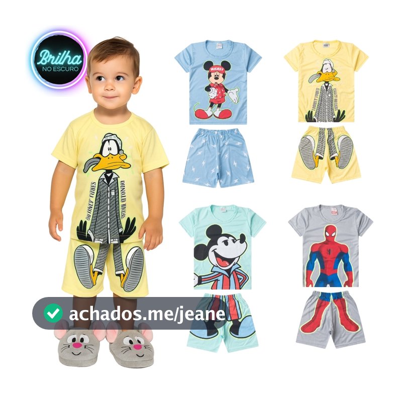 Conjunto Pijama Brilha no Escuro Personagens Menino Infantil Mickey Homem Aranha Malha Levinha