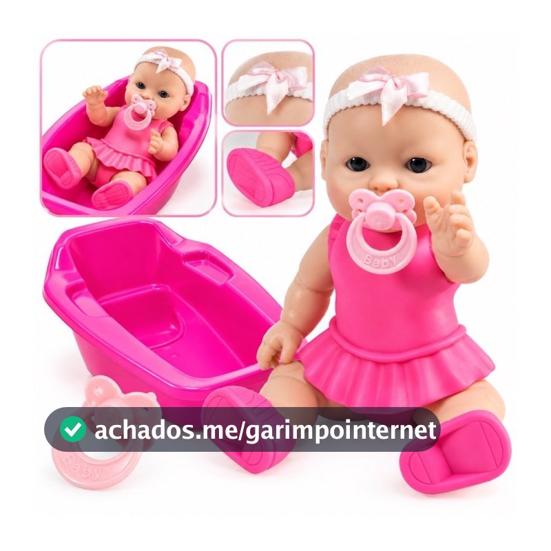 Boneca Elya 20 cm Branca Vinil rosa com chupeta e banheira| menina| brinquedo
