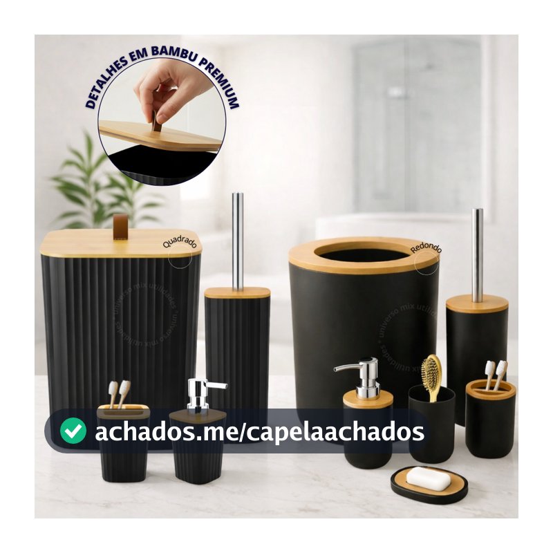 Kit Banheiro Completo Lixeira C/ Tampa Detalhes Em Bambu Luxo