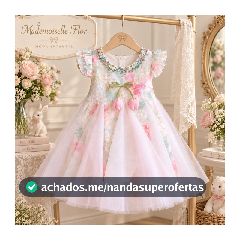 Vestido Infantil Menina Floral Tule com Babados Rodado Fofo Passeio Festa Aniversário