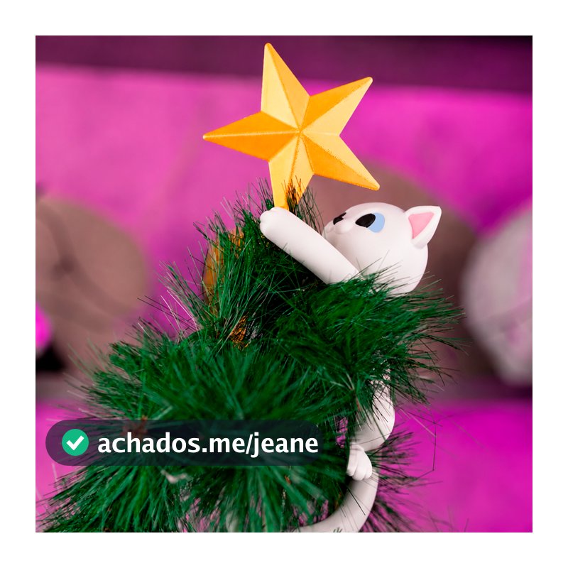 Gato Segurando Estrela Ponteira Árvore de Natal Enfeite Ornamento Natalino Decoração Enfeite Topper