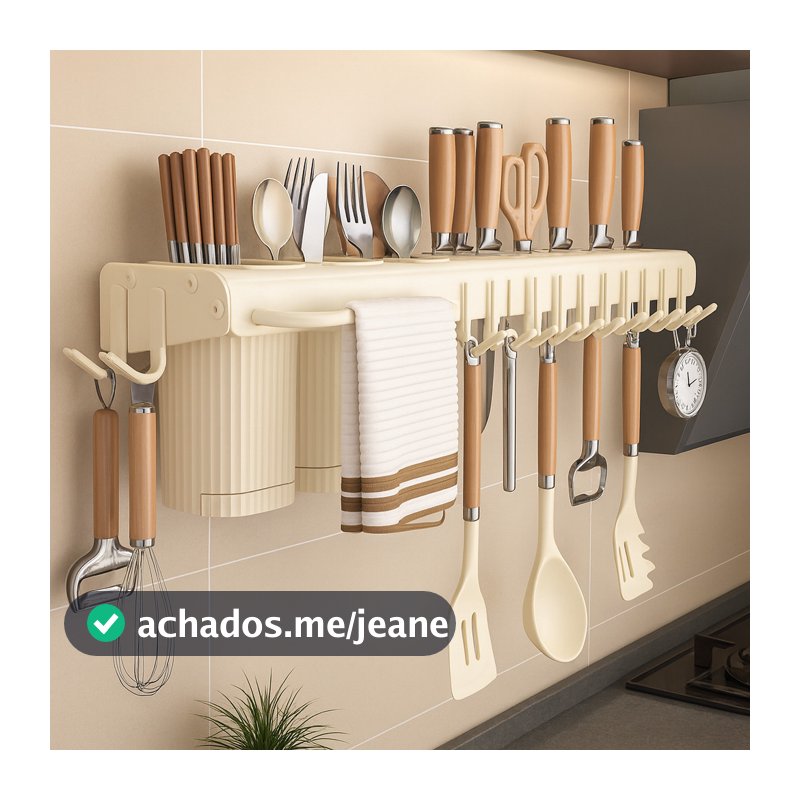 Porta Facas Prateleira Rack para Cozinha de Parede 50cm com Ganchos Toalheiro Organizador Facil de Limpar
