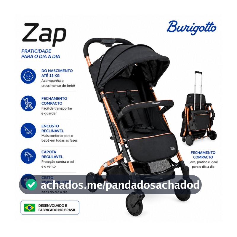 Carrinho de Bebê Burigotto Zap Preto Chassi Metal Cobre 0 a 15kg Passeio Compacto