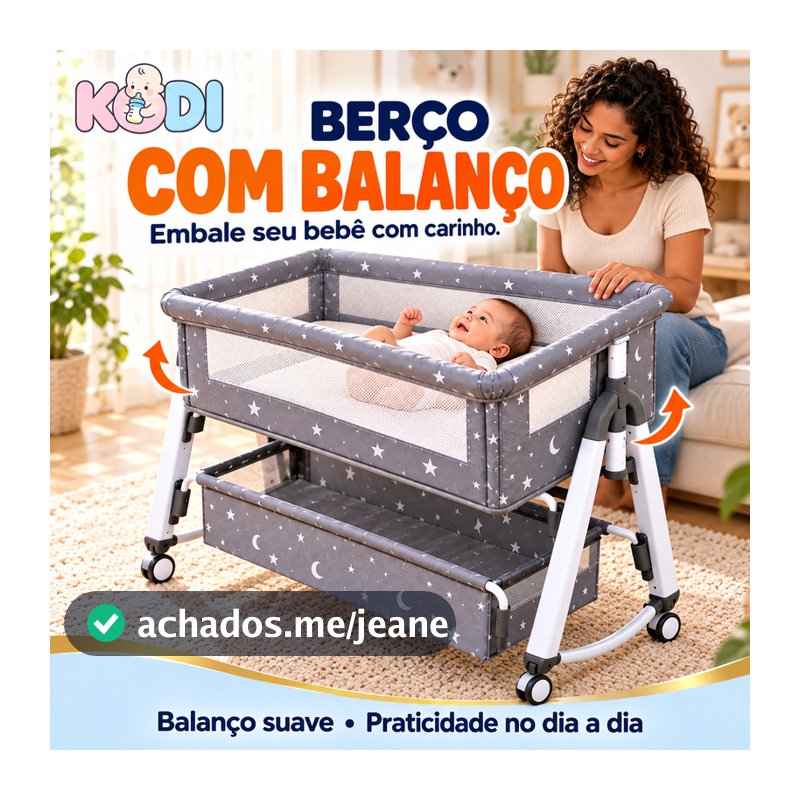 Berço Portátil 3 em 1 para Bebê com Balanço, 5 Alturas, Rodízios, Mosquiteiro e Colchão KODI