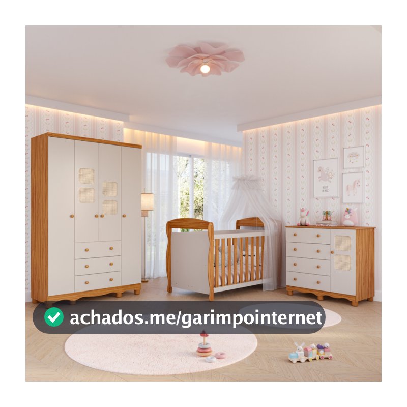 Quarto Bebê Completo Berço Americano Marquesa Guarda Roupas 4 Portas Cômoda Telinha Off White 100%MDF