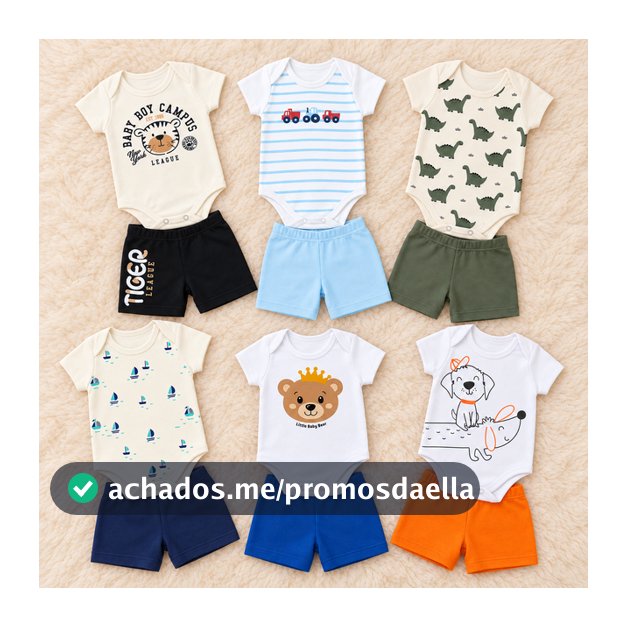 Kit 6 Peças Roupa de Bebê Menino 100% Algodão 3 Body Manga Curta + 3 Shorts Nenem Verão P ao GG