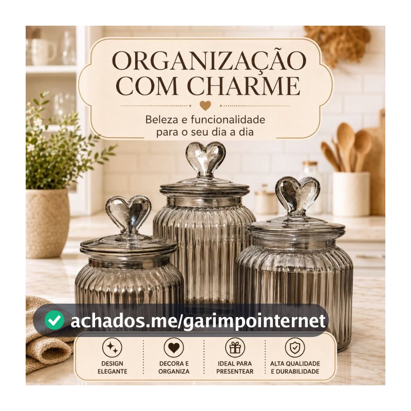 Pote Hermético fumê de Vidro com Tampa de Coração Porta Balas/Doces/Grãos 620mL/950mL/1350mL
