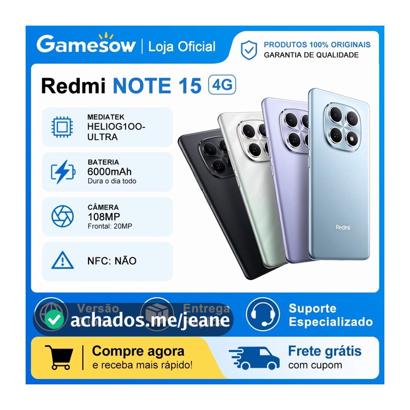 Xiaomi Redmi Note 15 4G, Processador Mediatek Hélio G100-Ultra, Bateria 6000mAh, 128/6GB RAM- 256/8GB RAM