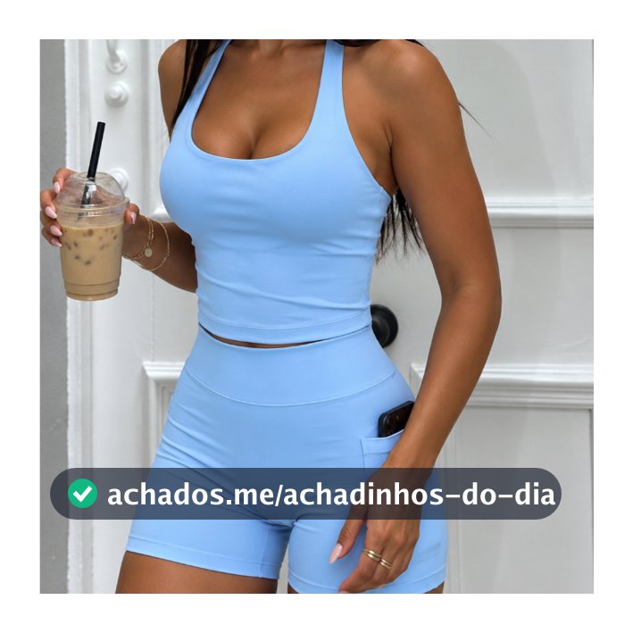 Conjunto Fitness Feminino Yoga Top Frente Única + Shorts Modelador Cintura Alta com Bolso Fit Power P ao GG academia
