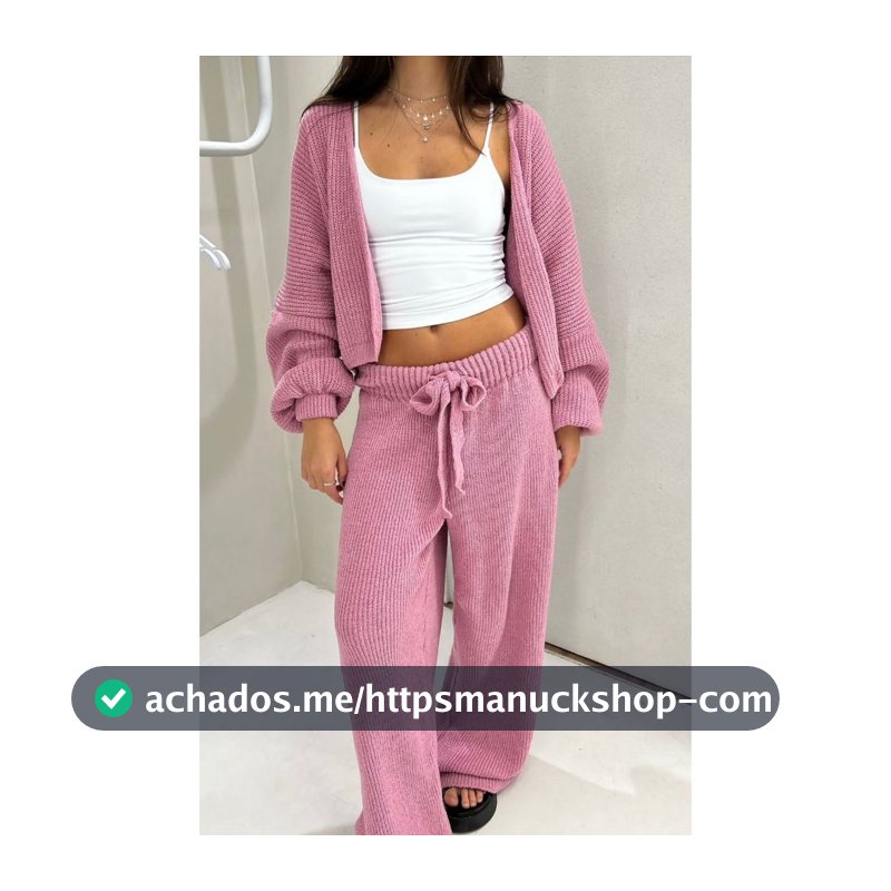 Conjunto Feminino de Tricot Mousse Premium Casaco Cardigan e Calça Com Amarração Tricô Fio Musse Moda Blogueira