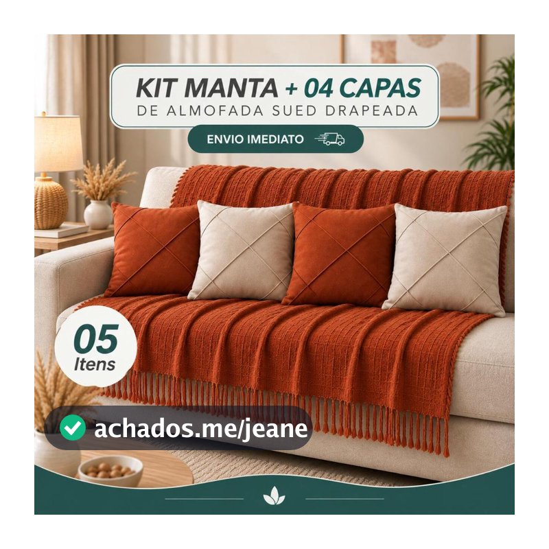 Kit Manta + Capas de Almofada Sued Drapeada Decoração Sala Sofá Manta P 1,40 x 1,70m