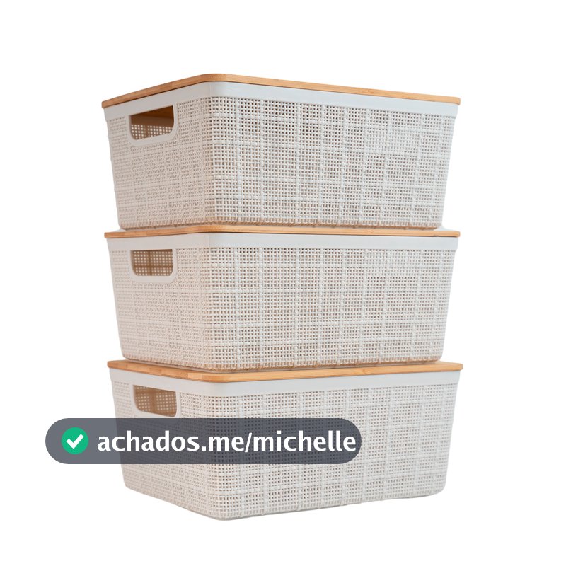 Kit 3 Caixas Organizadoras 4 Litros Brancas C/ Tampa Bambu Oikos