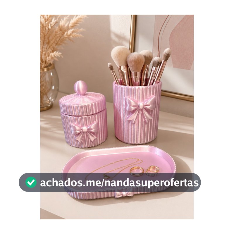 Kit Organizador de Maquiagem e Joias com Laço – Porta Pincéis, Porta-Objetos e Bandeja Decorativa