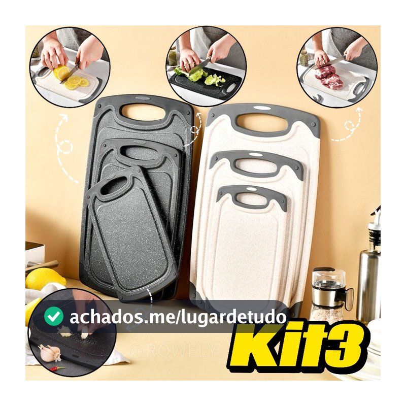Kit 3 Tábuas de Carne e Legumes Antiderrapantes Culinária Prática para Cozinha