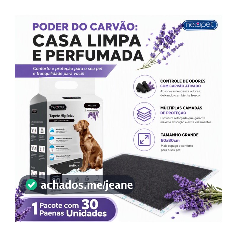 Tapete Higiênico Cães Carvão Bambu Ativado Aroma Lavanda 30 Unidades Absorvente Anti Odor Tamanho 60x60cm / 80x60cm