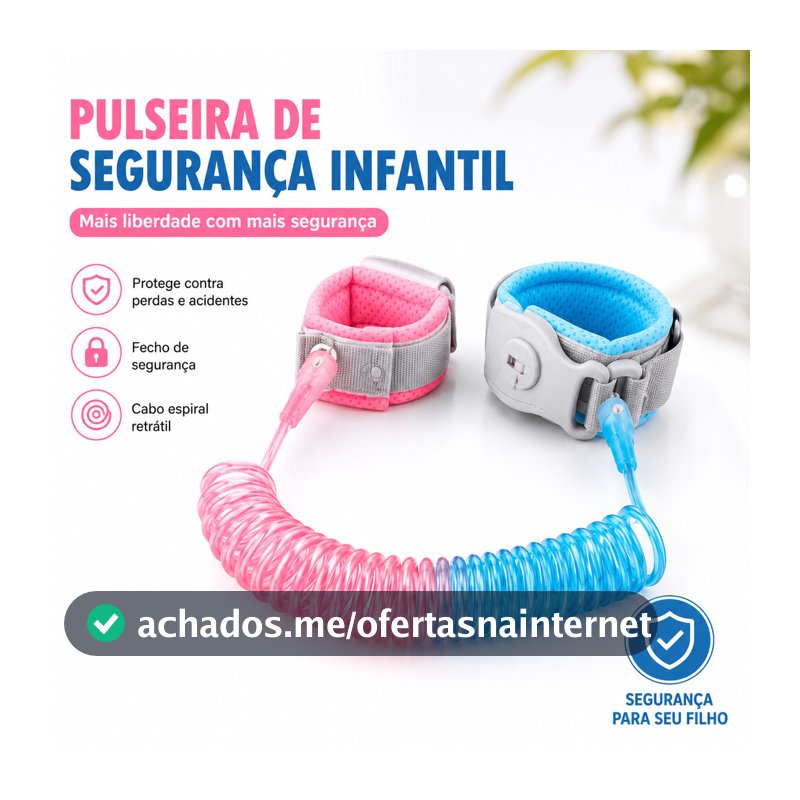 Pulseira de Segurança Infantil Retrátil Anti Perdido Ajustável com Trava para Crianças e Bebês 1,5m