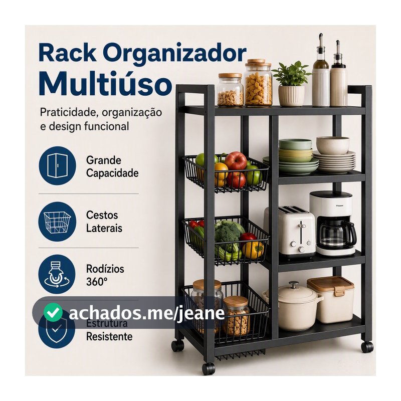 Prateleira Estante 4 Andares Cozinha Multifuncional com Rodízios Giratórios e Cestas Laterais Armazenamento Micro-ondas