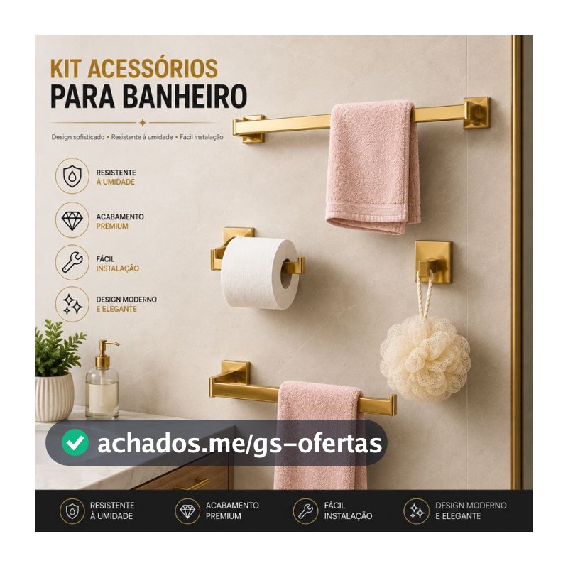 Kit 4 Banheiro Premium Inox Antiferrugem Preto/Dourado Brilhante 40/60cm