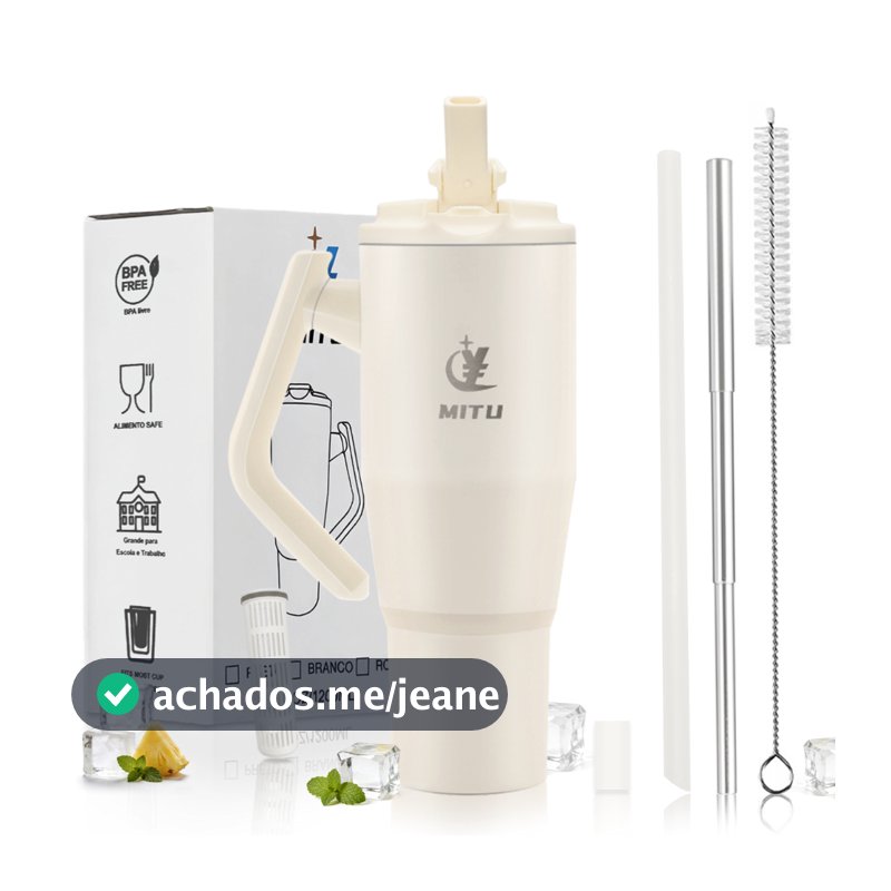 Copo Térmico Inox 1.2L com Alça Giratória 180° Caneca Grande Portátil com Tampa e Canudo Premium Para Carro Escritório