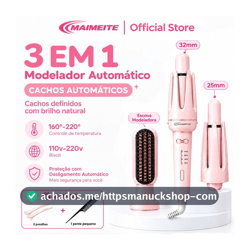MAIMEITE Modelador de Cachos 3 em 1 Ferro Ondulação Automático  25mm/32mm + Pente Alisador Giratório Bivolt Aquecimento
