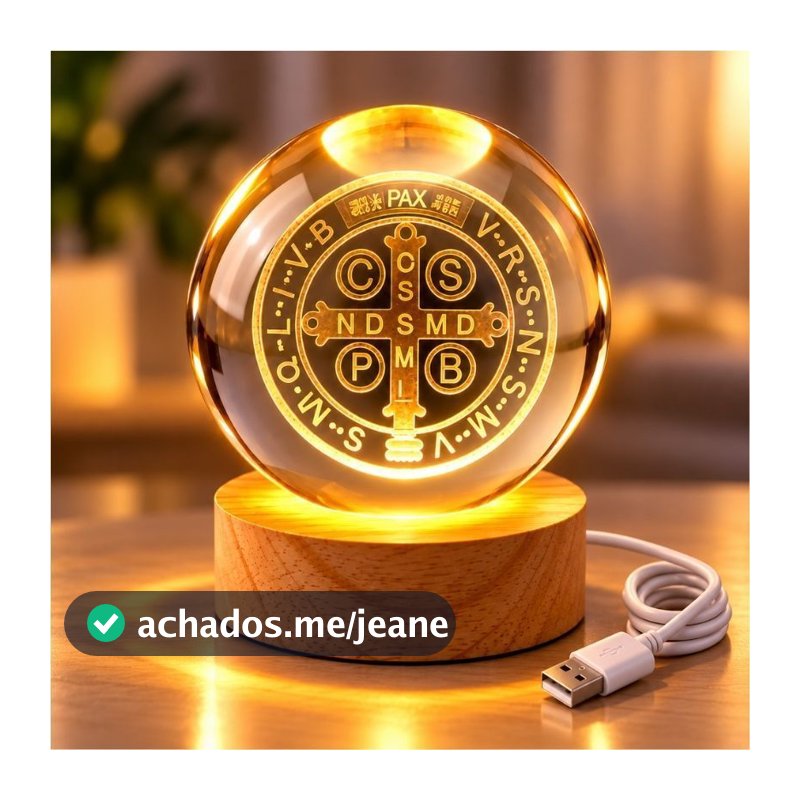 Luminária Mesa Bola de Cristal Catolica Base Madeira São Bento Bivolt com Luz LED 3d Decorativa