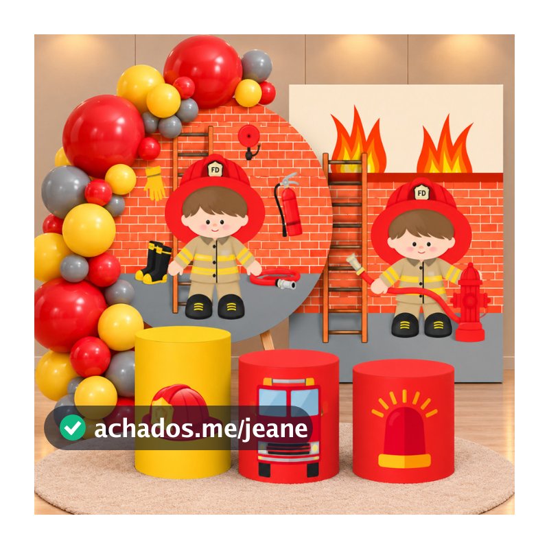 Painel de Festa Decoração Infantil Kit Com Trio de Cilindro ou Peças Avulsas Tema Bombeiro Baby