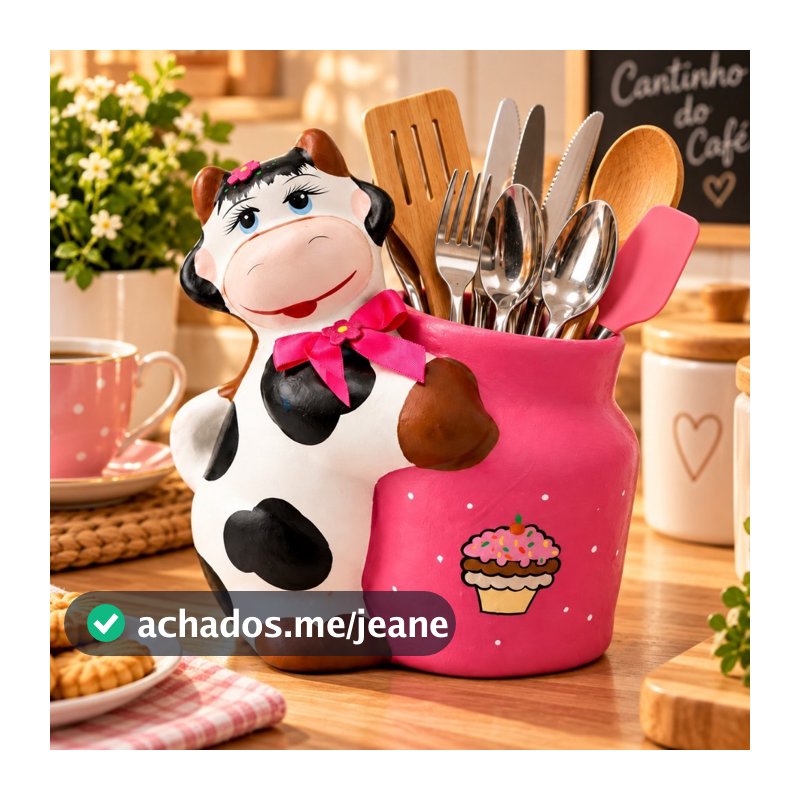 Porta Talheres Decorativo Vaquinha Em Resina Charmoso Rosa Claro e Magenta