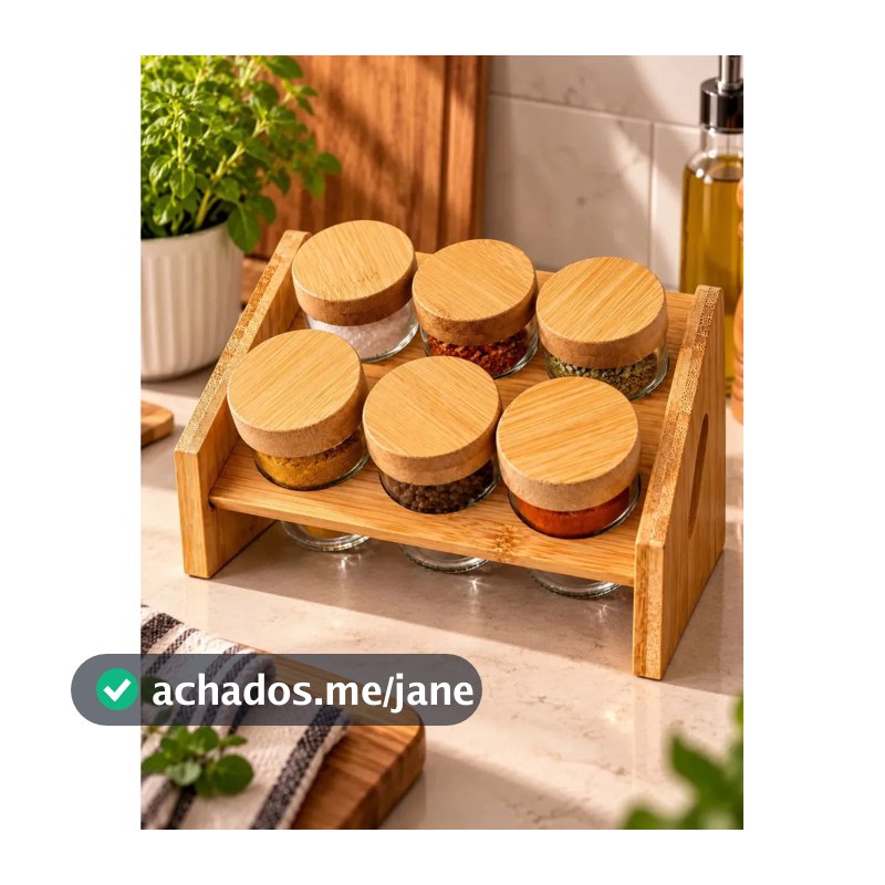 Conjunto Kit Porta Temperos 6 Potes Vidro com Tampa de Bambu e Dosador Suporte Organizador de Temperos Porta Condimentos