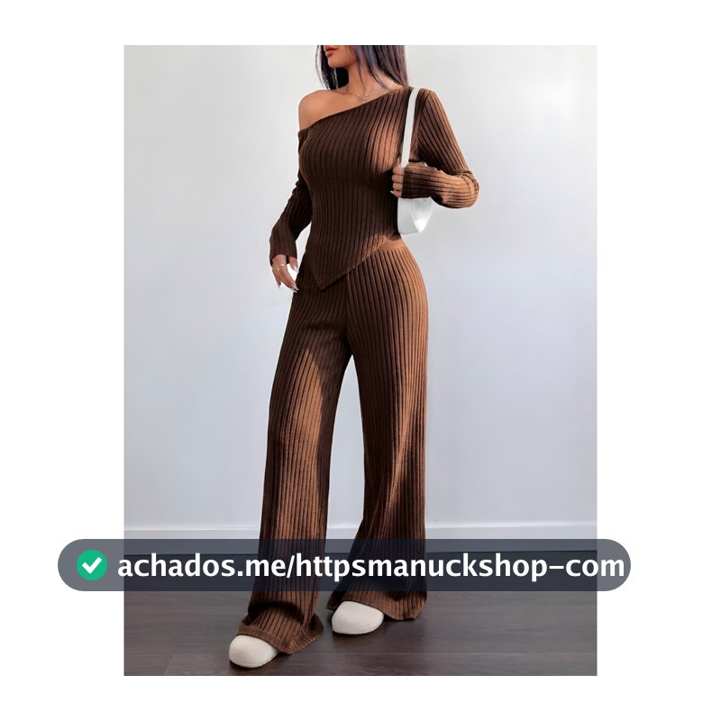 Conjunto Mila Feminino Blusa Assimétrica Manga Comprida  + Calça Pantalona Malha Ribana Moda Inverno