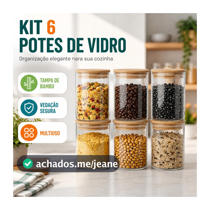 Kit 6 Potes Para Tempero Vidro 250ml Hermético Tampa de Bambu Transparente